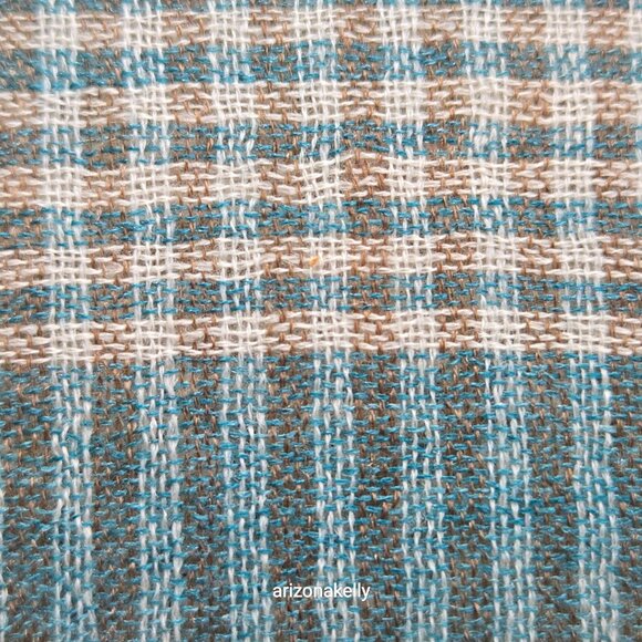 Wool Scarf Lightweight Checks Stripes Green Tan White - Picture 6 of 14